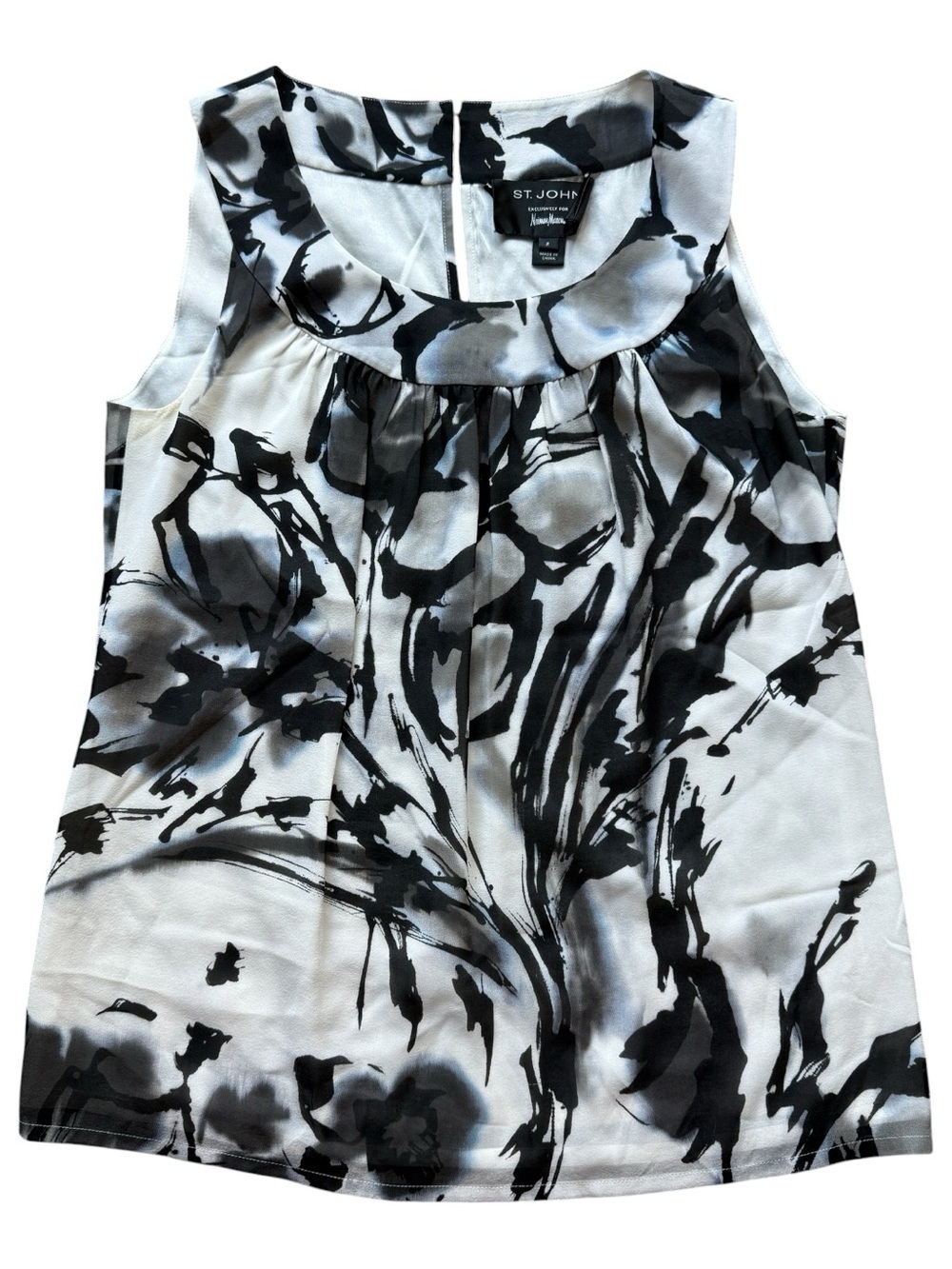 St John Silk Abstract Floral Shell Top Petite Luxury Career Blouse Black Small